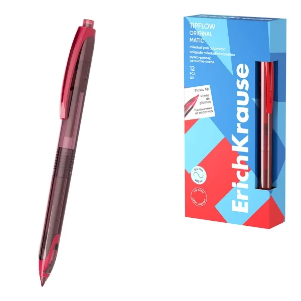 ErichKrause TipFlow Matic Original Boligrafo Retractil - Punta de 0.5mm - Cuerpo Transparente - Trazo 0.4mm - Color Rojo · Pack de 12 uds.