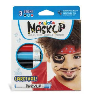 Carioca Mask Up Carnival Pack de 3 Colores para la Piel en Barra - Colores Brillantes - Lavables - Base Agua - Incluye 2 Tutoriales Paso a Paso - Colores Rojo, Azul y Negro