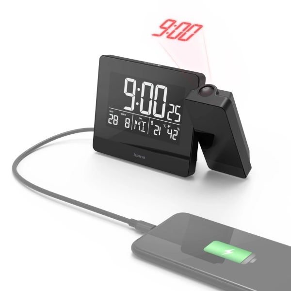 Hama Plus Charge Reloj Despertador Digital con Proyector - Termometro - Higrometro - Funcion de Carga USB-A - Radio - 15x4.5x9.5cm - Color Negro