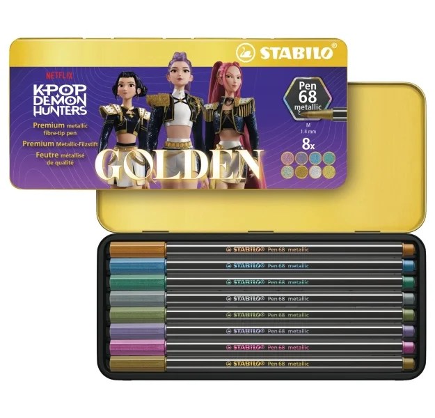 Stabilo Pen 68 Metallic K-Pop Demon Hunter Caja Metalica con 8 Rotuladores de Punta de Fibra - Trazo de 1mm aprox. - Tinta con Base de Agua - Colores Metalicos Surtidos