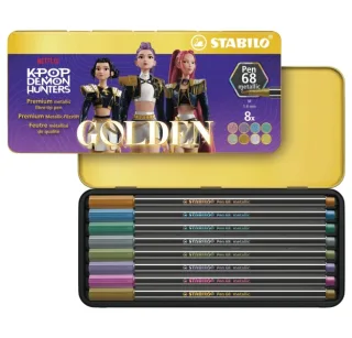Stabilo Pen 68 Metallic K-Pop Demon Hunter Caja Metalica con 8 Rotuladores de Punta de Fibra - Trazo de 1mm aprox. - Tinta con Base de Agua - Colores Metalicos Surtidos