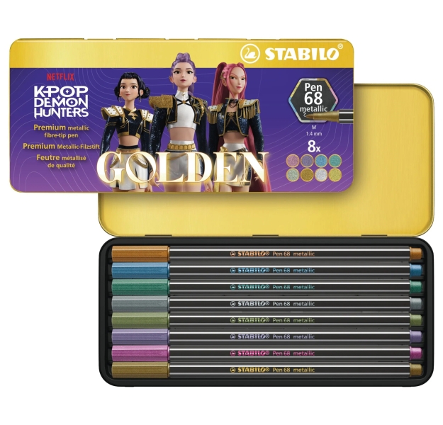 Stabilo Pen 68 Metallic K-Pop Demon Hunter Caja Metalica con 8 Rotuladores de Punta de Fibra - Trazo de 1mm aprox. - Tinta con Base de Agua - Colores Metalicos Surtidos