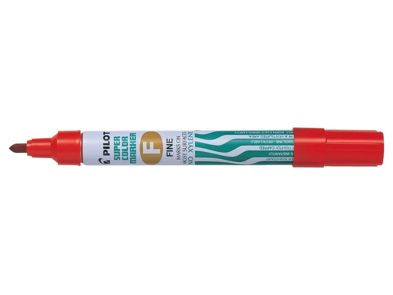 Pilot Super Color Rotulador Permanente Multisuperficie - Punta Fina de Fibra Conica - Tinta Base Alcohol Libre de Xileno - Cuerpo Metalico - Color Rojo · Pack de 12 uds.