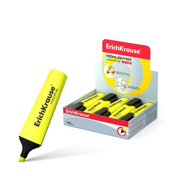 Erichkrause Visioline V-12 Marcador Fluorescente - Punta Biselada - Tinta a Base de Agua - Color Amarillo · Pack de 10 uds.