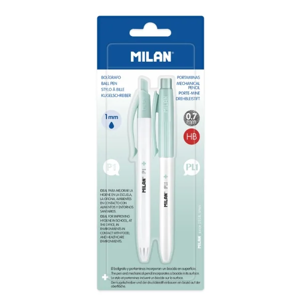 Milan P1 + Pack de 1 Boligrafo Azul + 1 Portaminas 0.7mm - Superficie Antibacteriana - Color Turquesa