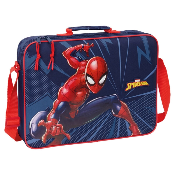 Safta Spider-Man Maletin con Cremallera - Bandolera Ajustable - Asa Forrada - Doble Tirador - Fondo Semirigido - 6L - 380x60x280mm - Color Azul y Rojo
