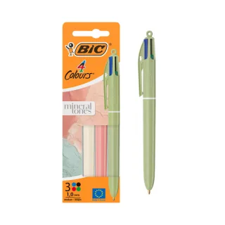 Bic 4 Colours Mineral Tones Pack con 3 Boligrafos de Bola Retractil - 3 Colores Diferentes - Punta Media de 1.0mm - Colores Surtidos