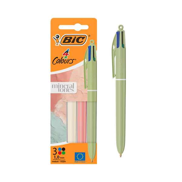 Bic 4 Colours Mineral Tones Pack con 3 Boligrafos de Bola Retractil - 3 Colores Diferentes - Punta Media de 1.0mm - Colores Surtidos