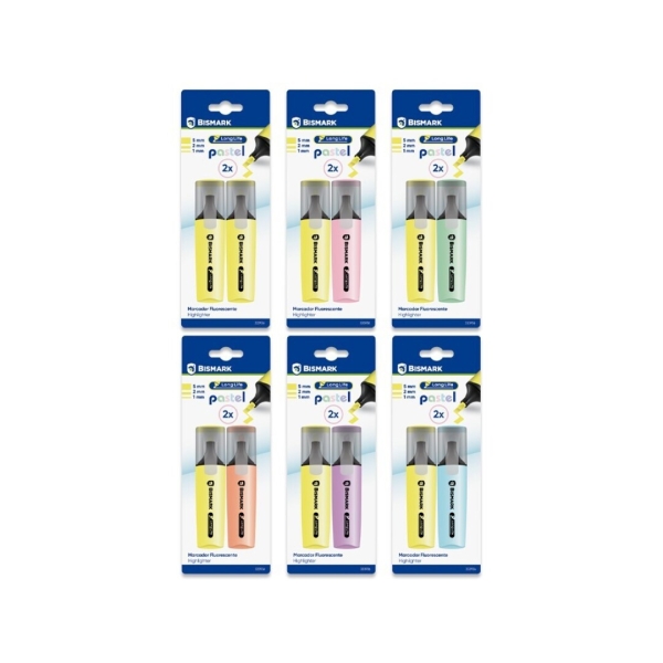 Bismark Long-Life Pack de 2 Marcadores Fluorescentes- Tinta de Secado Rapido - Punta Biselada - Ideal para Subrayar y Resaltar - Diseño Ergonomico - Alta Durabilidad - Colores Pastel Surtido