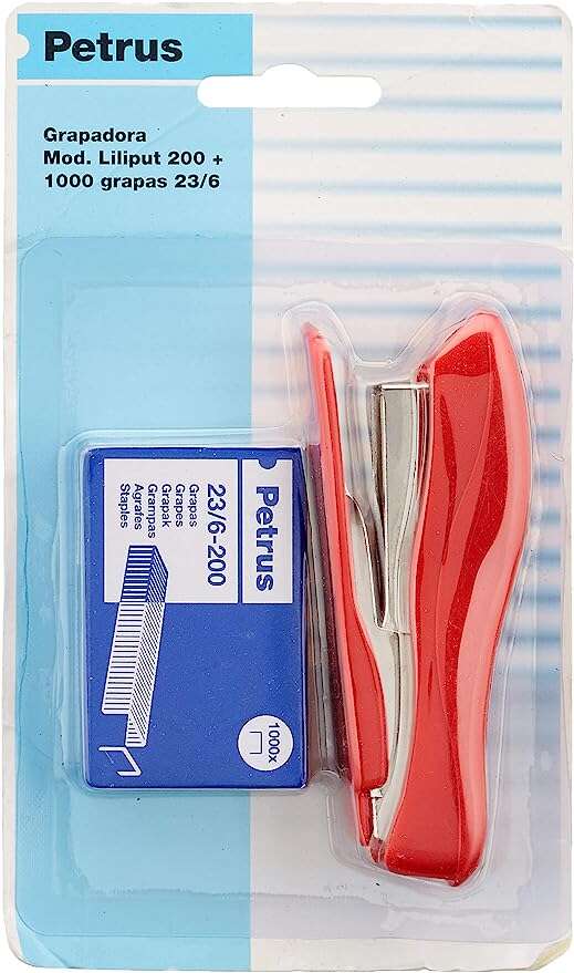 Petrus 200 Liliput Grapadora + 1 Caja grapas 23/6-200 - Hasta 12 Hojas - Grapas 23/6 - Grapado Cerrado y Clavado - Colores Surtidos · Pack de 24 uds.