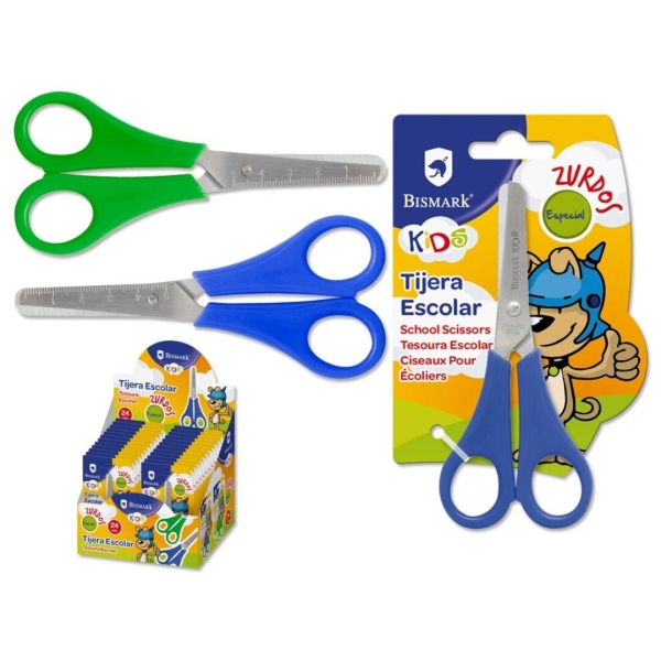 Bismark Kids Tijera Escolar para Zurdos - Mangos en Plastico - Punta Roma - Colores Azul y Verde · Pack de 24 uds.