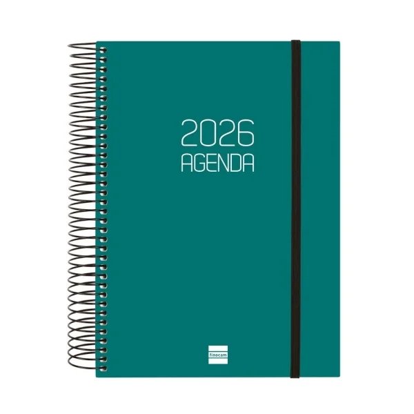 Finocam Opaque Agenda de Espiral - Anual 2026 - Tapa Ligera - Cierre con Goma Elastica - Formato E10 - 175x29x212mm - 1 Dia por Pagina - Color Verde