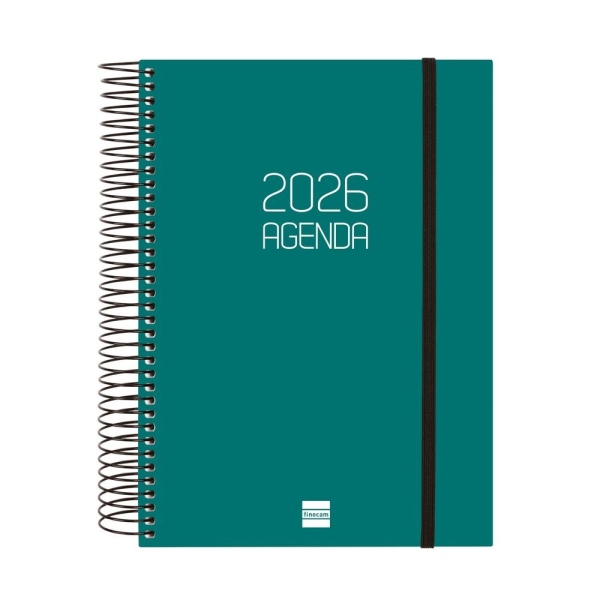 Finocam Opaque Agenda de Espiral - Anual 2026 - Tapa Ligera - Cierre con Goma Elastica - Formato E10 - 175x29x212mm - 1 Dia por Pagina - Color Verde