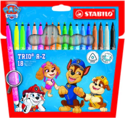 Stabilo Trio A-Z Patrulla Canina Pack de 18 Rotuladores con Diseños de la Patrulla Canina - Punta Fina de Fibra - Trazo 0.7mm - Tinta Lavable - Zona de Agarre Triangular - Colores Surtidos
