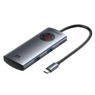 Vention Estacion de Docking 5 en 1 - 100W - Cable USB-C de 15cm Integrado - Pantalla LED - 2xUSB-C - 2xUSB-A - HDMI 8K - Power Delivery - Color Gris
