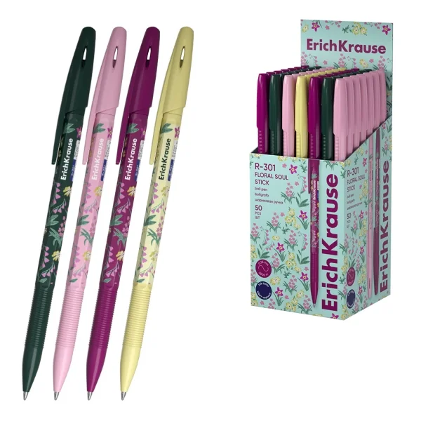 ErichKrause R-301 Stick Floral Soul Boligrafo con Capuchon - Modelos Surtidos - Trazo 0.35mm - Tinta de Secado Rapido - Tapa Ventilada - Color Azul · Pack de 50 uds.