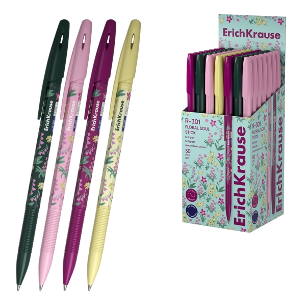 ErichKrause R-301 Stick Floral Soul Boligrafo con Capuchon - Modelos Surtidos - Trazo 0.35mm - Tinta de Secado Rapido - Tapa Ventilada - Color Azul · Pack de 50 uds.