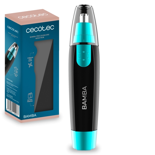 Cecotec Bamba PrecisionCare NoseTrim Cortapelos Inalambrico - Cuchilla de Acero Inoxidable - Ergonomico - Tapa Protectora Incluida - Portatil y Facil de Usar - Funciona con Pilas - Color Neg