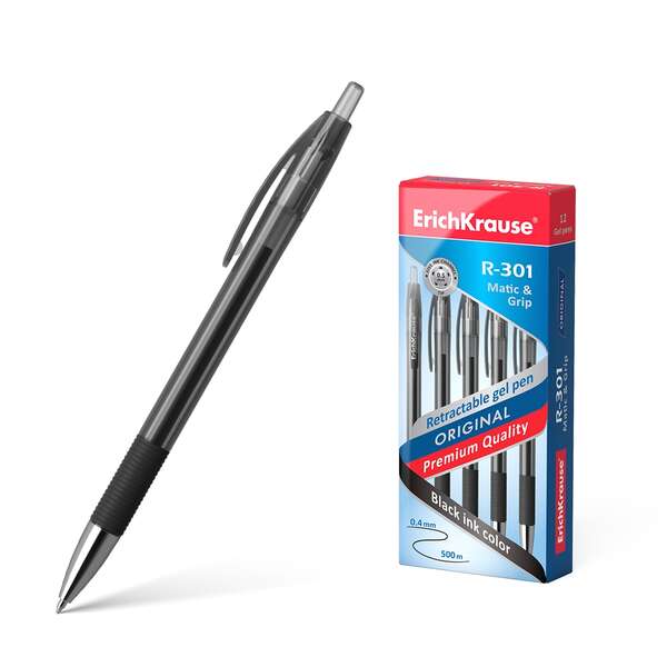 Erichkrause Boligrafo de Gel Automatico R-301 Original Gel Matic&Grip - Tinta de Gel de Secado Rapido - Cuerpo Transparente con Grip de Goma - Color Negro · Pack de 12 uds.