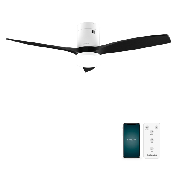 Cecotec EnergySilence Aero 5600 Aqua WhiteandBlack Connected Ventilador de Techo con 3 Aspas y Luz - 40W - Diametro de 132cm - LED - Wi-Fi - IP44 - Temporizador - 6 Velocidades - Color Blanco y Negro