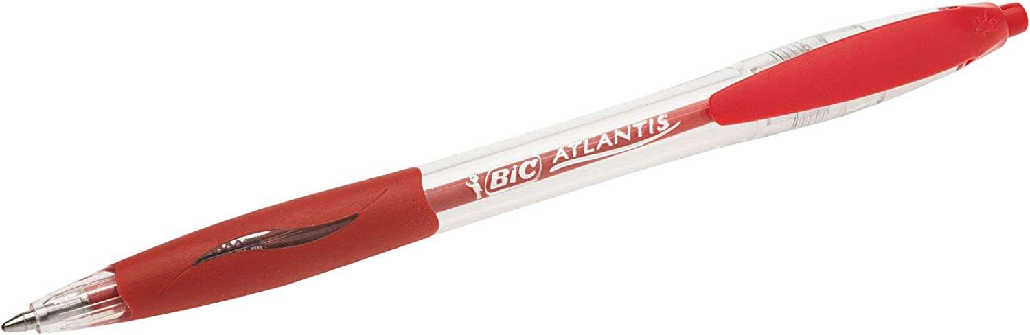 Bic Atlantis Classic Boligrafo Retractil - Punta de 1mm - Cuerpo Transparente con Grip - Color Rojo · Pack de 12 uds.