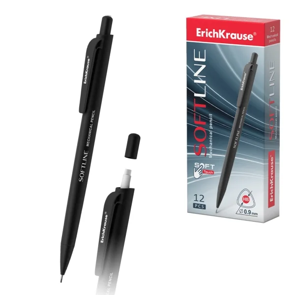 ErichKrause SoftLine Portaminas - Mina HB de 0.9mm - Goma de Borrar Integrada - Cuerpo Triangular con Recubrimiento Suave - Ergonomico - Color Negro · Pack de 12 uds.