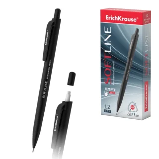 ErichKrause SoftLine Portaminas - Mina HB de 0.9mm - Goma de Borrar Integrada - Cuerpo Triangular con Recubrimiento Suave - Ergonomico - Color Negro · Pack de 12 uds.