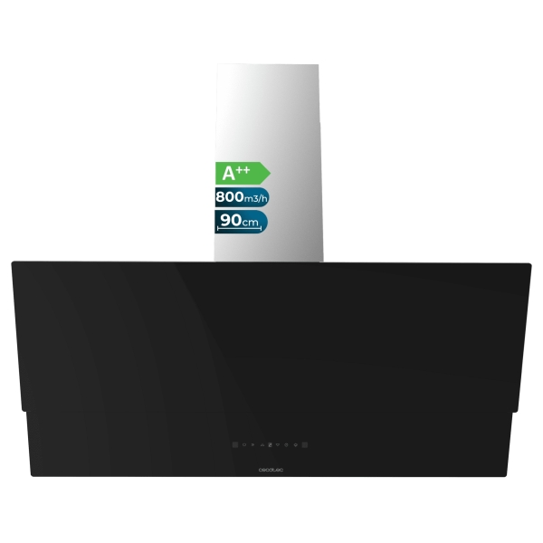Cecotec Bolero Flux DT 908001 Glass Black A++ Campana Extractora de 90cm - 210W - Succion 800m3/h - Luz LED - Pantalla LED - Incluye Accesorios - Filtros de Carbono Incluidos - Color Negro