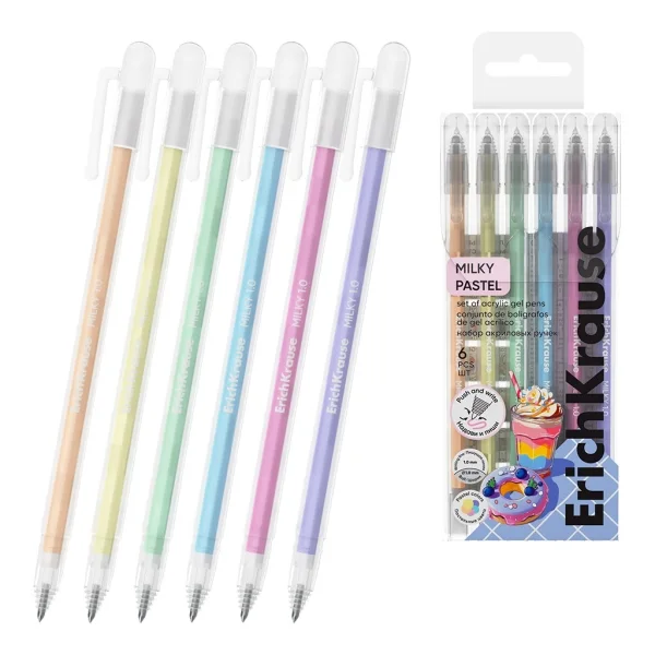 ErichKrause Milky Pack de 6 Boligrafos con Capuchon - Punta de 1.0mm - Trazo 1mm - Tinta de Gel - Resistente al Agua - Secado Rapido - Colores Surtidos