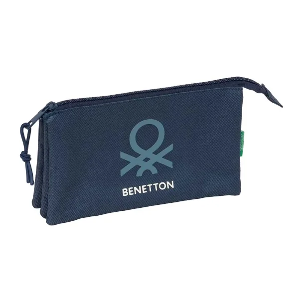 Safta Benetton Basics Antracita Portatodo - 3 Compartimentos con Cremalleras - Bolsillo Interior - 0.6L - 220x30x120mm - Color Azul Marino