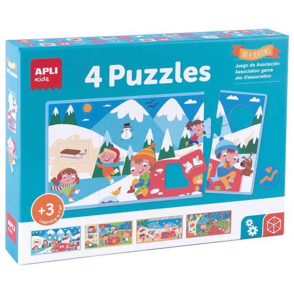 Apli Puzle de Asociacion las 4 Estaciones - 4 Puzles de 4 Piezas xxl - Elementos Geometricos Troquelados - Potencia Psicomotricidad Fina y Concentracion - Caja 20.58x20.58mm - Puzle 36x18cm
