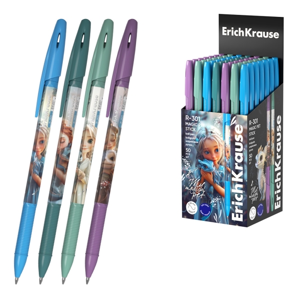 ErichKrause R-301 Stick Magic Pet Boligrafo con Capuchon - Modelos Surtidos - Trazo 0.35mm - Tinta de Secado Rapido - Tapa Ventilada - Color Azul · Pack de 50 uds.