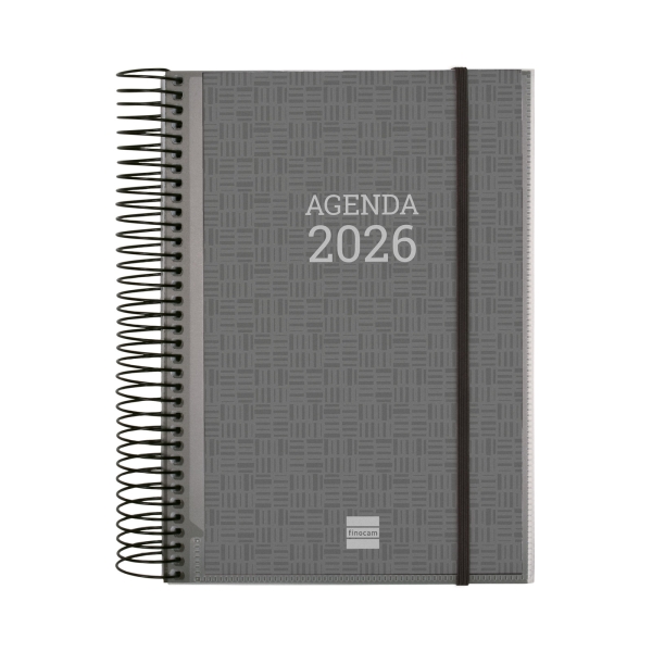 Finocam Basics Agenda en Catalan - Anual 2026 - con Espiral - Personalizable - Formato E10 - 175x29x212mm - 1 Dia por Pagina - Color Gris