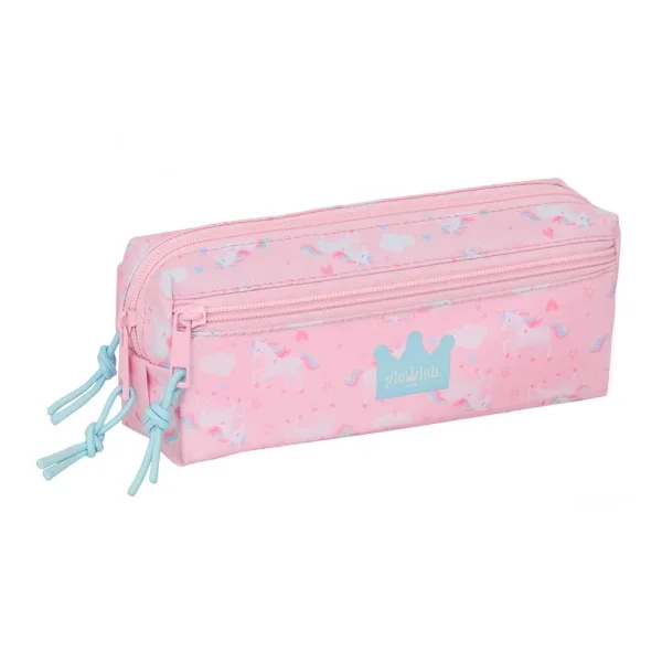 Safta Glowlab Kids Portatodo - 3 Compartimentos con Cremalleras - Goma Elastica - 0.98L - 220x60x85mm - Color Rosa