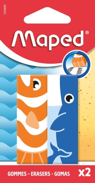 Maped Pack con 2 Gomas de Borrar con 3 Diseños de Animales - Forma Rectangular - Sin Ftalatos - Colores Surtidos