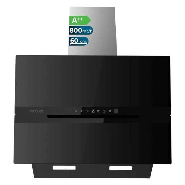 Cecotec Bolero Flux DT 608010 Glass Black A++ Campana Extractora de 60cm - 210W - Succion 800m3/h - Luz LED - Pantalla LED - Incluye Accesorios - Filtros de Carbono Incluidos - Color Negro