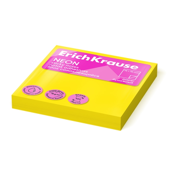 ErichKrause Bloc de 100 Notas Adhesivas 75x75mm - Removibles - Color Amarillo Neon