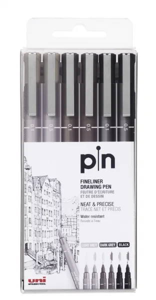 Uni-ball Uni Pin Pack de 6 Rotuladores Calibrados 0.1, 0.5 - Punta Poliacetal - Tinta Pigmentada Resistente al Agua y Luz - Ideal para Dibujo Profesional y Escritura - Colores Negro, Gris Oscuro y Gris Claro