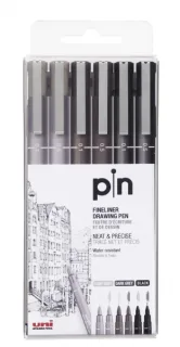 Uni-ball Uni Pin Pack de 6 Rotuladores Calibrados 0.1, 0.5 - Punta Poliacetal - Tinta Pigmentada Resistente al Agua y Luz - Ideal para Dibujo Profesional y Escritura - Colores Negro, Gris Os
