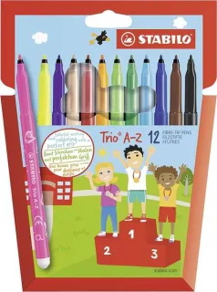 Stabilo Trio A-Z Pack con 12 Rotuladores de Punta Fina de Fibra - Trazo 0.7mm - Tinta Super Lavable - Forma Triangular - Colores Surtidos