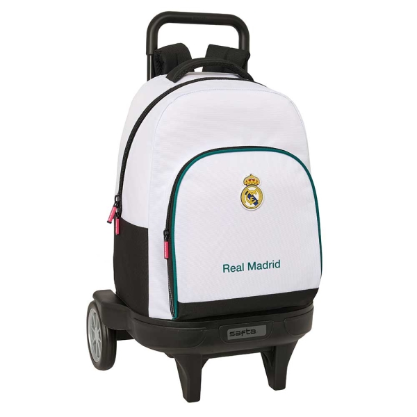 Safta Real Madrid Equipacion 26/27 Mochila con Carro - Extraible - 33L - Portabotellas - Ruedas Antivibracion - Doble Tirador - Asa - Bolsillo Frontal - 33x45x22cm - Color Blanco y Negro