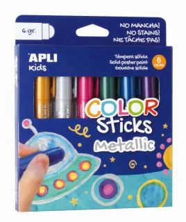 Apli Color Sticks Pack con 6 Temperas Solidas de 6g en Colores Metalizados - Acabado Satinado - Secado Rapido - Efecto Cera o Tempera Segun la Presion Ejercida
