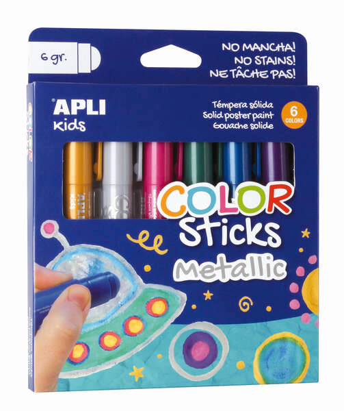 Apli Color Sticks Pack con 6 Temperas Solidas de 6g en Colores Metalizados - Acabado Satinado - Secado Rapido - Efecto Cera o Tempera Segun la Presion Ejercida