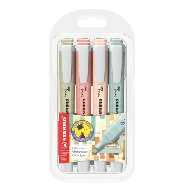 Stabilo Swing Cool Naturecolors Pack de 4 Marcadores Fluorescentes - Cuerpo Plano - Punta Biselada - Trazo entre 1 y 4mm - Tinta con Base de Agua - Antisecado - Colores Surtidos