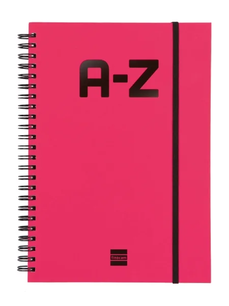 Finocam A-Z Indice Alfabetico - Formato A5 - 148x210mm - Tapas de Carton Forrado - Papel de 80g/m2 - Cierre con Goma Elastica - Espiral Doble Metalica - Color Magenta