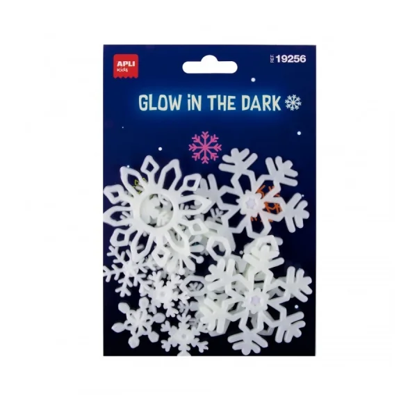 Apli Pack con 12 Copos de Nieve Luminiscentes 3D - Plastico Solido - Brillan en la Oscuridad - Adhesivo Permanente - Diseños y Tamaños Surtidos