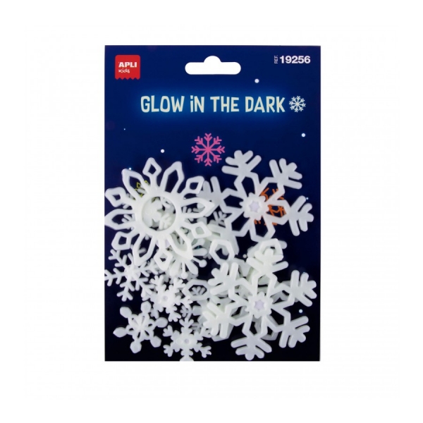 Apli Pack con 12 Copos de Nieve Luminiscentes 3D - Plastico Solido - Brillan en la Oscuridad - Adhesivo Permanente - Diseños y Tamaños Surtidos