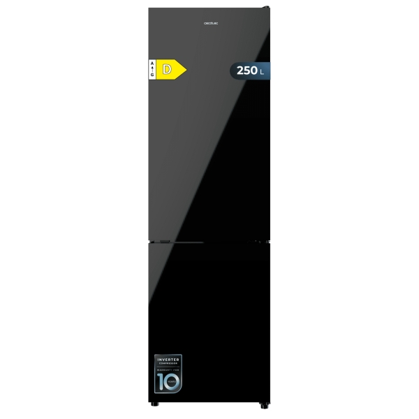 Cecotec Bolero CoolMarket Combi 250 Black Glass D Frigorifico Combi - 250L - Compresor Inverter - Puerta de Cristal - Frio Envolvente - Cajon Humedad Regulable - Clase E - 54x57.6x180cm - Co