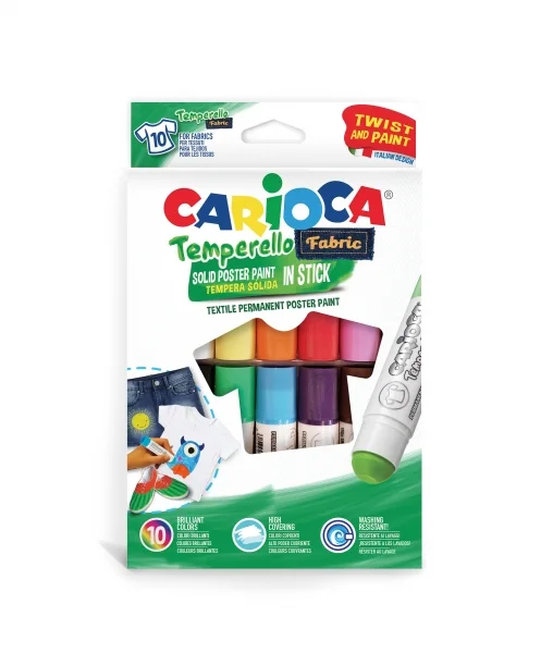 Carioca Temperello Textil Pack de 10 Pinturas para Tejidos - Colores Brillantes y Lavables - Alta Cobertura - Fijacion con Plancha - Lavable a Maquina Hasta 60°C - sin Disolventes - Color Varios