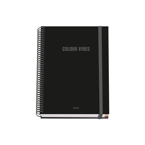 Dohe Colour Vives Cuaderno Espiral A5 100 Hojas Cuadricula 5mm - Tapa Dura Impresa a todo Color y Plastificada en Brillo - Bandas de Color - Cierre de Goma - Color Negro